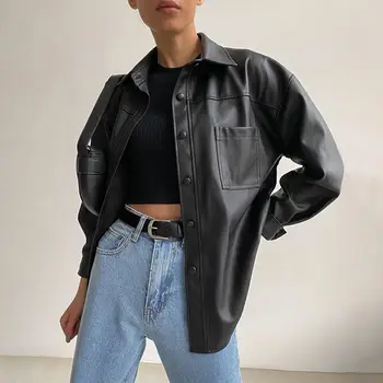 2022 New Vintage din Piele PU pentru Femei Jachete de Moda Toamna Rever Overshirts Maneca Lunga Butoane Stradă Casual, Office Îmbrăcăminte exterioară
