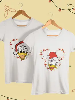 Disney Crăciun Serie Donald Duck Desene animate cu Mânecă Scurtă T-Shirt Casual pierde Gât Rotund de Bază Bărbați Și Femei Cuplu Topuri Albe