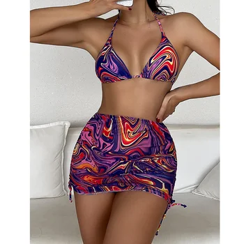2022 Sexy Femei de 4 Piese, Costume de baie Triangle Bikini Costume de Baie cu Plasă de Plaja Fusta & Bandană