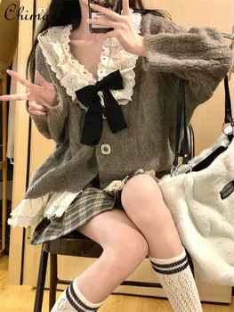 Stil Preppy Pulover Haina pentru Femei Toamna Iarna Nou Moda coreeană Bowknot Dantelă cu Mâneci Lungi Kawaii Elegant Tricotate Cardigan
