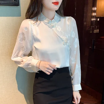 Satin Alb Tricou Vrac Decupaj pentru Femei Bluza de Vara de Mari Dimensiuni Casual cu Maneci Lungi Femei de Moda de Top 2022 Nouă Îmbrăcăminte coreeană