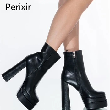 Perixir Design Femeile Toc Indesata Glezna Cizme Platforma Dublu Iarna Monofazate Încălțăminte Cu Fermoar Lateral Drum Alerga De Moda Doamnelor Pantofi Negru