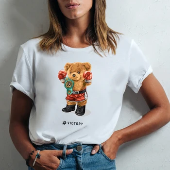 Vara Victorie Scrisoare de Box Urs Grafic Femei T-shirt Casual Hip-hop Unisex Supradimensionate Topuri Largi Harajuku cu mânecă Scurtă Tees
