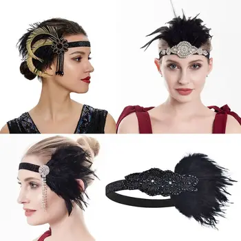 Caciula Banda de Păr Stras Margele Paiete 1920 Pene Caciula Accesorii de Par Costum de Recuzită Pene Hairband