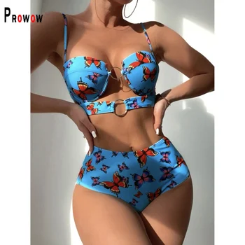 Prowow Femei Sexy Bikini Set Underwire Push Up Din Doua Piese Separate, Baie Costume De Baie Fluture De Imprimare De Înaltă Talie Tinutele De Plaja