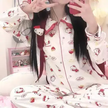 Kawaii Sanrio Hello Kitty Pijamale Desene Animate Ms Cardigan Cu Mâneci Lungi All-Meci Casual Purta Haine De Acasă Pijamale 2-Bucata Set