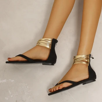 Nouă Femei Sandale de Aur de Moda Brățară de picior Plat Casual Flip-Flops în aer liber Fermoar Spate Simplu Confortabile Sandale Romane Sandalia Nuvem