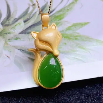 S925 Argint Verde Vulpea De Jad Pandantiv Colier Femei Autentic Chinez Hetian Jades Nefrit Golden Fox Lucky Charms Amulete