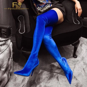 Royal Blue Velvet a Subliniat Deget de la picior Mare Sus Cizme Femei Stiletto Over-The-Genunchi Cizme Plus Dimensiune 15 16