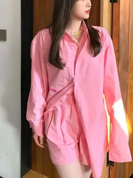 Femei Singure Pieptul Drept Bluza Roz din Bumbac Vrac Maneca Lunga Camasa Femei Tricou Casual cu Buzunar 2022 Toamna anului Nou