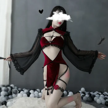 Întuneric Retro Vrăjitoare Sexy Gol Matase Cu Maneci Cheongsam Set De Lenjerie Sexy Vrăjitoare Joc Strans Purta Bandaj De Performanță Costum