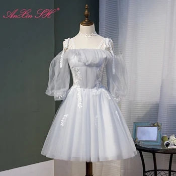 AnXin SH printesa gri dantelă albă floare curea de spaghete pic de arc volane petrecere de mireasa rochii de seara scurte rochie albă