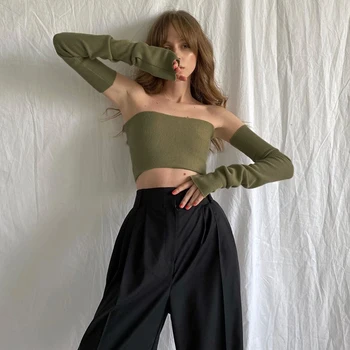 Femei Sexy Off-umăr Verde Tricotate Crop Top cu Mâneci Căpăstru Înapoi în Piept Înfășurat Vestă Scurtă Feminino Slim Top Streetwear