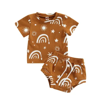 Copil drăguț Fete de Îmbrăcăminte pentru Băieți 2piese Tinutele Curcubeu Soare Print cu Maneci Scurte Rotund Gat T-Shirt Elastic Talie pantaloni Scurți Set Casual