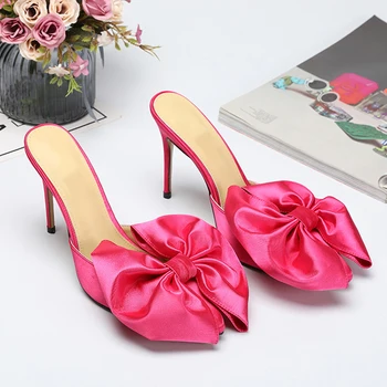 Frumusețea Funda Mare Roz Piersica Mătase Tocuri inalte Papuci de casă Femeie Tocuri Stiletto Peep Toe Fluture Nod Femme Petrecere sandale Pantofi