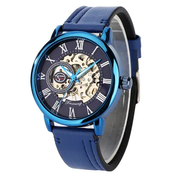 Albastru Bandă de Piele Ceasuri Mecanice pentru Bărbați Manual de Lichidare Ceas de mana Barbati Pin Cataramă de Argint Roman Numeral Dial reloj hombre
