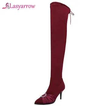 Lasyarrow moda toc subțire de mare a subliniat toe glitter cristal catarama nod peste genunchi cizme femei doamnelor coapsei cizme înalte J1040