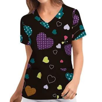 Femei de Moda Topuri Largi Ziua Îndrăgostiților Print Short Sleeve V Gât Topuri de Lucru Bluză Casual Camasa