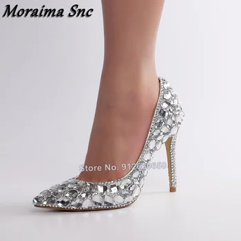 Moraima Snc Rhinestonne Toc Pompe Ascuțite Toe Stilet Tocuri Pantofi De Nunta Pe Tocuri Elegante De Vara Pantofi De Cristal Pentru Femei