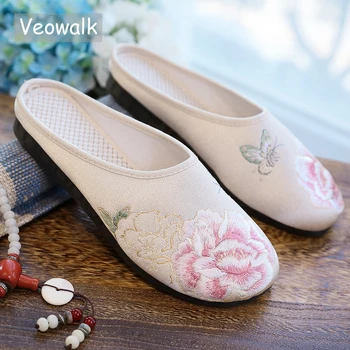 Veowalk Femei Țesătură din Bumbac Confortabil Brodate Deget de la picior Închis Plat, Papuci de casă Retro Stil Chinezesc Catâri Pantofi cu Fund Moale
