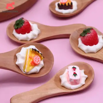 Casă de păpuși Mini Simulare de Lemn, Lingura de inghetata Cu Fructe Tort Model Alimentar Mobilier DIY Accesorii Jucărie Decor