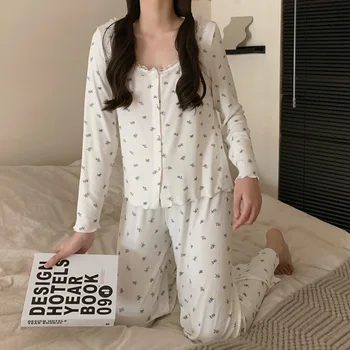 Floare De Imprimare Tricotate Primăvară Set De Pijama Coreean Dantela Singur Pieptul Tricouri + Pantaloni Eliberat Moale Kawaii Printesa Homewear