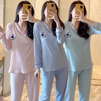 2022 Primavara Toamna cu Maneci Lungi V-neck Bumbac Pijama Seturi pentru Femei Pijamale Drăguț Costum de Pijama Homewear Pijama Mujer Haine de Acasă