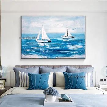 Imagine peisaj manual Barca pe Mare Pictura in Ulei Pe Panza Tablou Modern Decor Albastru Imagine Pentru Camera de zi Cuadros