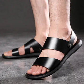 2022 Pantofi de Vara pentru Bărbați Sandale Plate Om Casual din Piele Pantofi de Vară de Vacanță de Plajă, Sandale Negre KA4382
