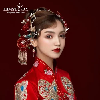 HIMSTORY Retro Roșu Chinezesc Lichid Limpede, Flori, Agrafe de Nunta cu Frunze Verzi Perla Ciucure Stick de Păr Bijuterii Accesorii