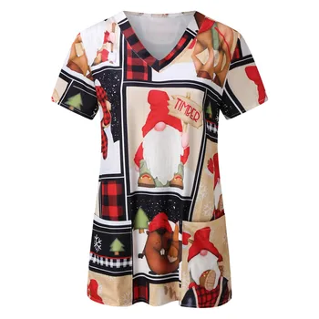 Gnome Imprimare De Crăciun Care Alăptează Topuri Femeile Imprimat Cu Maneci Scurte Frumusete De Lucru Uniformă T-Shirt V Neck Pocket Pet Scrubs Costum
