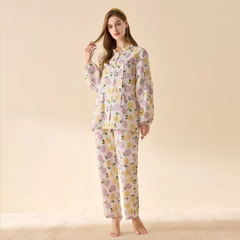 2022 Noi de Vara 40 de ani Dublu din Fibre de Bumbac 100% Pijama Seturi pentru Femei Homewear de Înaltă Calitate Full Maneca Somn de Noapte Pantaloni