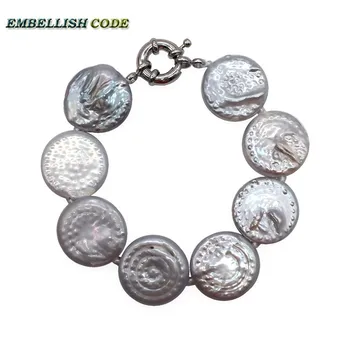 FIERBINTE de mari dimensiuni în stil baroc pearl brățară butonul de monedă formă naturale, perle de apă dulce de culoare gri bijuterii fine pentru aroma național