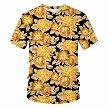 Baroc Tricou de Vara tricou 3D Digital Print T Shirt Om/femeie de Epocă de Lux Regal Floral Auriu de Flori de Brand Tricou