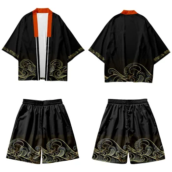 Bărbații Japonezi Streetwear Samurai Costum De Haine Haori Kimono Negru Valuri De Imprimare Cardigan Și Pantaloni Scurți Set Cosplay Sacou