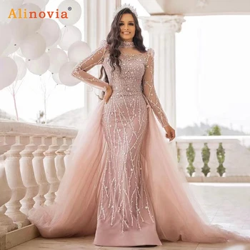 Elegant Dubai Musulman Mermaid Rochie de Seara pentru Femei 2022 Mâneci Lungi Gât Margele Paiete Formale Bal, Nunta, Rochii de Petrecere