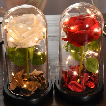 A crescut Într-LED Cupolă de Sticlă Flori Artificiale pentru Totdeauna Rose Red Rose Ziua Îndrăgostiților, Ziua Mamei Speciale Cadou Romantic