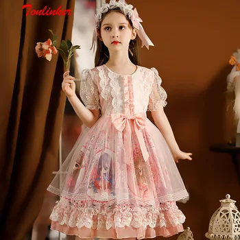 Fete Kawaii Drăguț Dulce Printesa Lolita Rochie Copii Vara Vintage Imprimate Modele De Dantelă Roz Albastru Fusta Petrecere Rochii