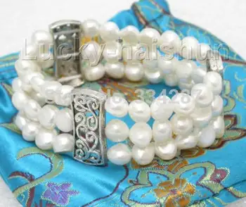De vânzare de Bijuterii>>>elastic! 3row 9mm natural alb perle Baroc brățară elastică