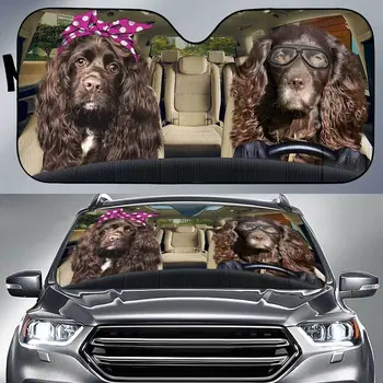 Amuzant Boykin Spaniel Dogs Cuplu de Conducere Mâna Stângă Auto Parasolar, Boykin Spaniel Dogs Poartă Roz Bentiță și Ochelari Auto Soare