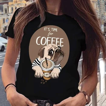 Tricouri pentru Femei de Moda de Îmbrăcăminte Amuzant Pug e Timpul pentru O Cafea Imprimare Tricouri Hip Hop Topuri Feamle Tricou Casual Y2k Îmbrăcăminte
