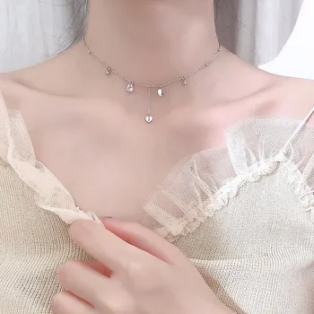BUDROVKY Placat cu Argint in Forma de Inima Tassel Colier Moda Zircon Simplu Clavicula Scurt Colier Pentru Femei Cravată Guler