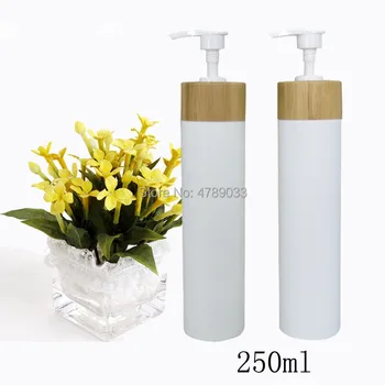 10buc 250ml Gol Reîncărcabile Butelii Pentru Emulsie Sampon PE Sticla Cu Bambus Capac Alb Si Pompa de Plastic