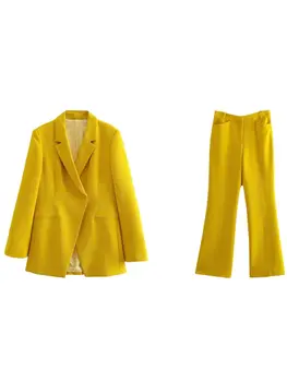 SLMD 2022 Elegant Elegant, Galben, Textura Gâfâi Costum de Moda pentru Femei Dublu Breasted Buzunare Sacouri de Înaltă Talie Pantaloni Flare
