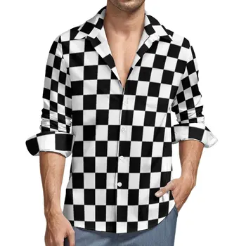 Vintage Carouri Cămașă De Imprimare Alb-Negru, În Carouri, Camasi Casual Cu Maneci Lungi Grafic Street Style Bluze Largi Topuri Supradimensionate