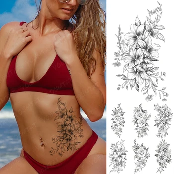 Impermeabil Tatuaj Temporar Linie Autocolant Flori De Crin Flash Tatuaj Henna Mehndi Totem Brațul Body Art Brațul Fals Tatuaje Pentru Femei Barbati