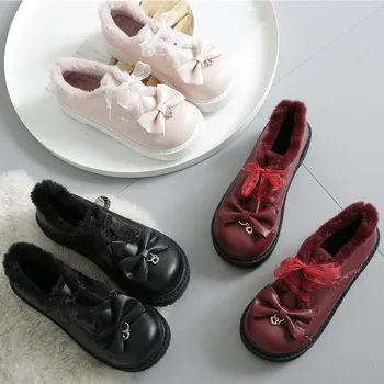 Japoneze iarna sweet lolita pantofi cap rotund fund gros, plus catifea îngroșa femei pantofi dantela bowknot ține de cald kawaii pantofi