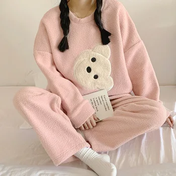 Yasuk de Iarna pentru Femei de Moda Casual Minunat Solid Urs de Imprimare Cald Sleepwear Homewear Drăguț Pijama de Bumbac Cu Pantaloni de Flanel de Sus