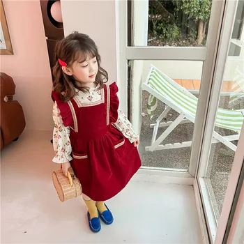 Fete Rochie Roșie De Catifea, Vesta Și Floral Bluza Seturi De Haine Pentru Copii Toamna Fetite Spaniol De Rochii De Primăvară 2022 Copii Costum