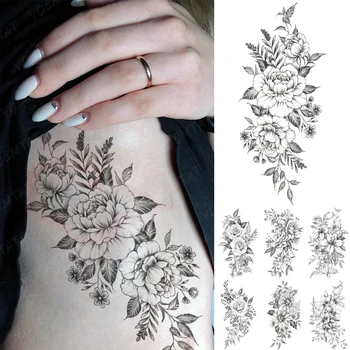 Linie Floare Impermeabil Tatuaj Temporar Autocolant Bujor Trandafir Crin Frunze De Plante Flash Tatuaj Femei Bărbați Brațul De Talie Arta Corp Tatuaje False